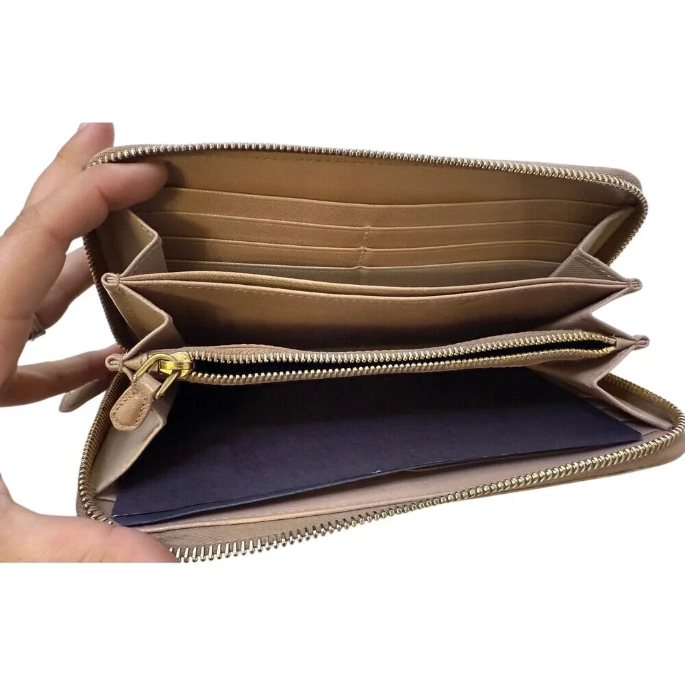 PRADA Wallet Womens Fiocco Brown‎ Leather Bow Long Zip Purple Interior Org Card - Picture 3 of 11